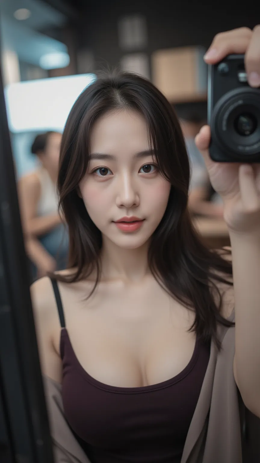 Korean woman taking a selfie。 clothes on。 big boobs that are just about to break。