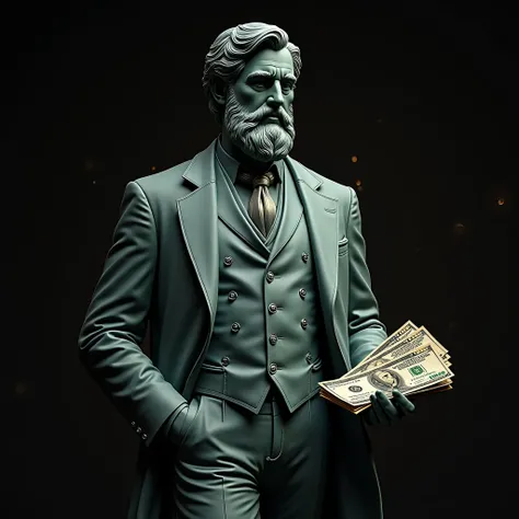 "Create an image of a statue inspired by Greek stoicism, resembling a figure similar to Marcus Aurelius, with a modern and sophisticated twist. The statue is dressed in a formal 19th-century suit, including a tailored jacket, a vest underneath, and a tie, ...