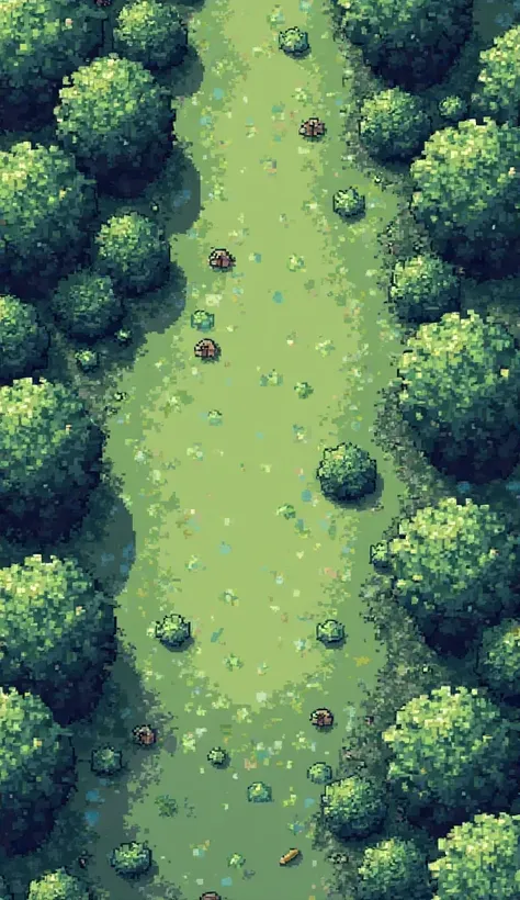 Rural area with trees, bushes, top view, pixel format