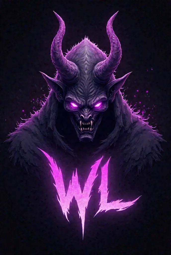 Generate me a logo with a purple demon with a black background and purple lights with bright WL written underneath|GHOST😈😈