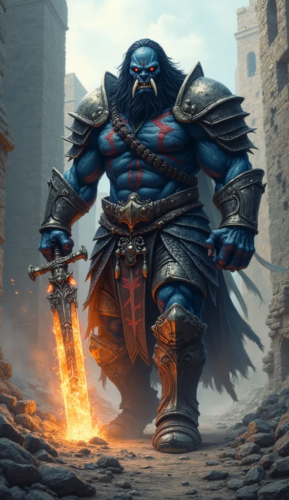 "A towering French Orc Knight, his deep navy-blue skin streaked with white and red war markings. His long, wavy dark hair cascades over his battle-worn steel armor, reflecting his regal yet savage nature. His crimson eyes shine beneath a battle-worn steel ...