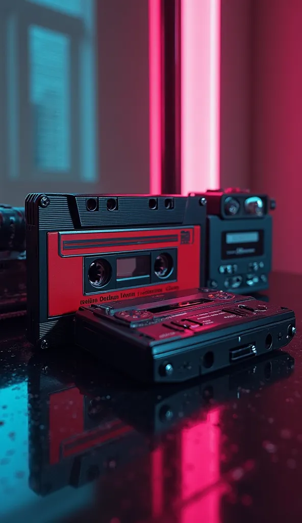 Macro photo of audio casete next to walkman in black and red. They are infront of mirror. Soft neon light in mangan and cian. 