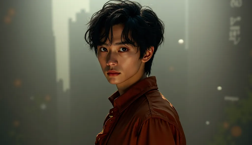 A striking young man of Asian-American descent, standing at 180 cm with a slender yet subtly athletic build. His fair skin carries a soft warmth, complementing his deep black, almond-shaped eyes that exude an intense, enigmatic gaze. His jet-black hair, st...