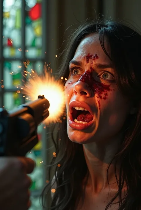 A professional, cinematic photograph, 9:16 aspect ratio, depicts an extreme close-up first-person perspective of a .38 revolver firing at the possessed woman’s face. The gun barrel takes up 20% of the left frame, with a bright muzzle flash illuminating the...