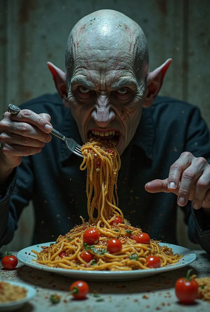 An evil tone who eats bell pepper spaghetti 