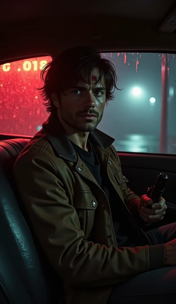 Close-up of Arya's face, sharp determined gaze, shadows partially covering his bruised features. A fresh cut on his temple, blood on his lips. Raindrops on the car window reflecting flickering streetlights.