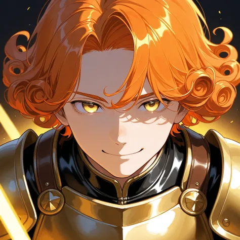 boy　 boy　Baby Face　is young　 orange hair 　with golden eyes　smile　sword　Eyes with highlights　parted hair　 Leather Breastplate　ish　stupid hair　shining eyes　Curly hair