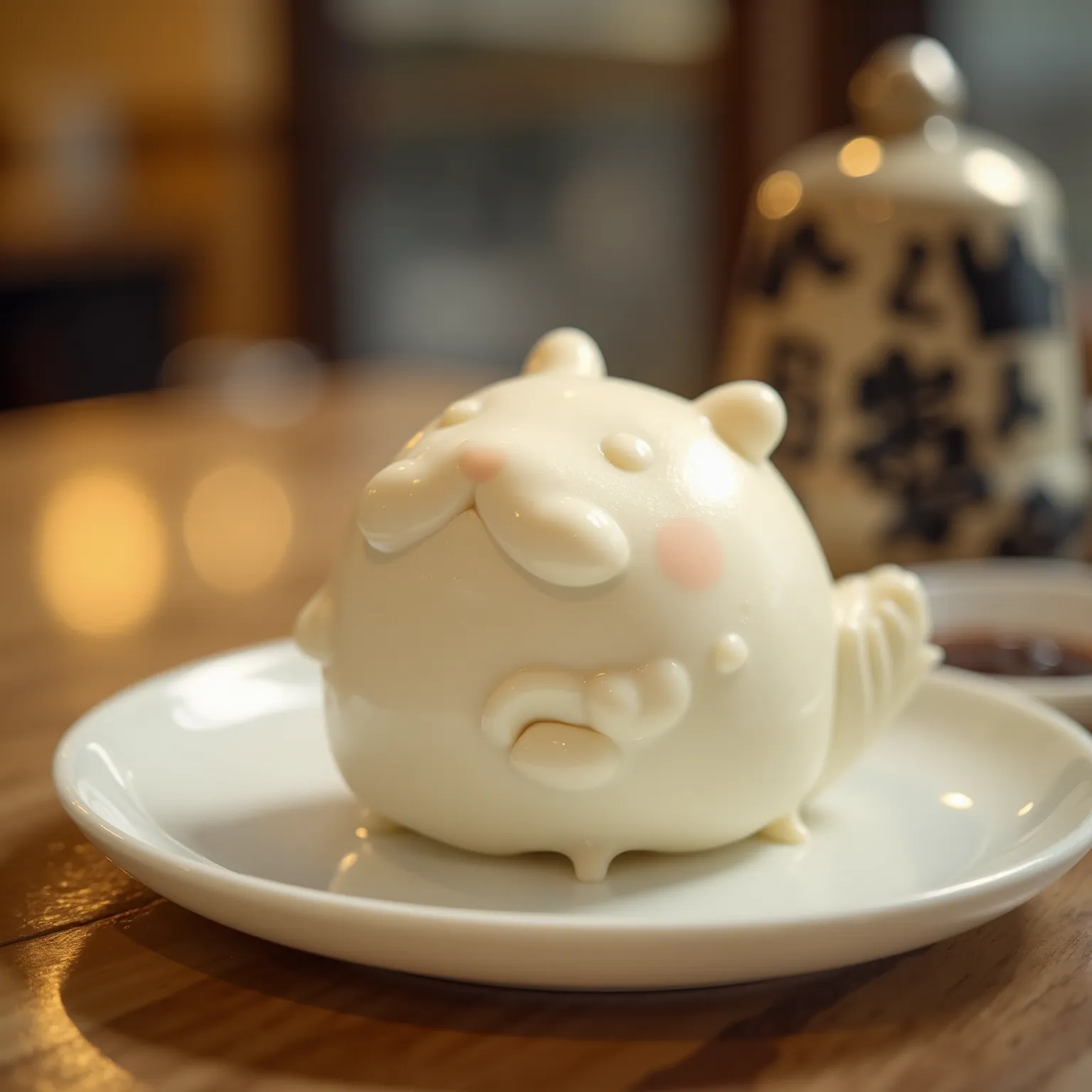 Super realistic photograph, Tofu in the shape of a hamster on a white plate on the table, a hamster with the texture of tofu. White, shiny, fresh and moist texture. Next to it is a soy sauce dispenser. indoors. professional lighting