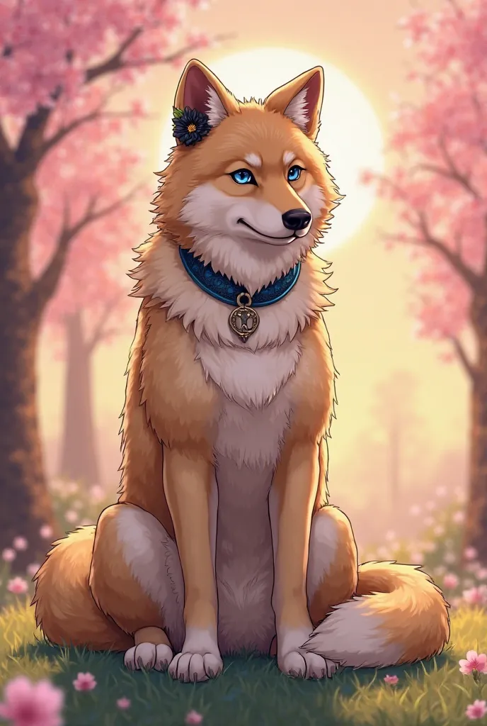 masterpiece,best quality,Anime-style,wolf,noble, majestic,Very intense beautiful light brown-blonde coat,blue eyes, a white paw ,Net collar,black flower on the ear,sitting on Japanese spring meadow,cherry blossom trees,Sun rise


