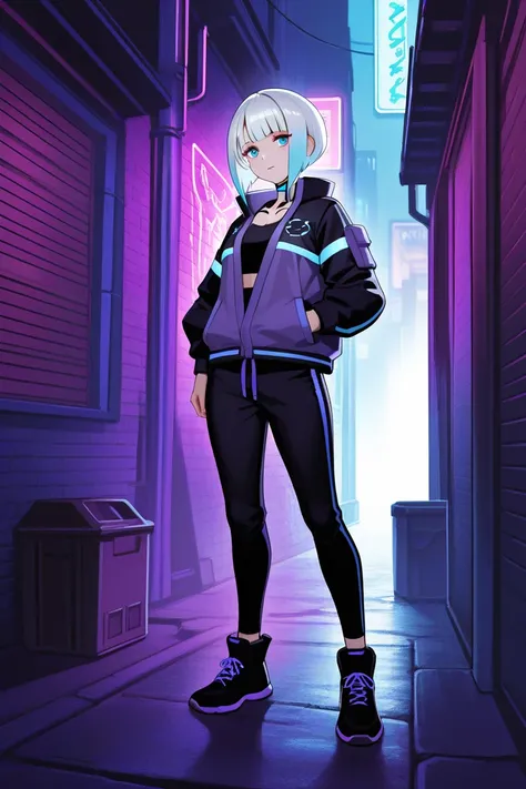 Cyborg girl with bob hair, white hair ,she is wearing a dark purple printed jacket,she is wearing black sweatpants,in the background is a faint booed alley 