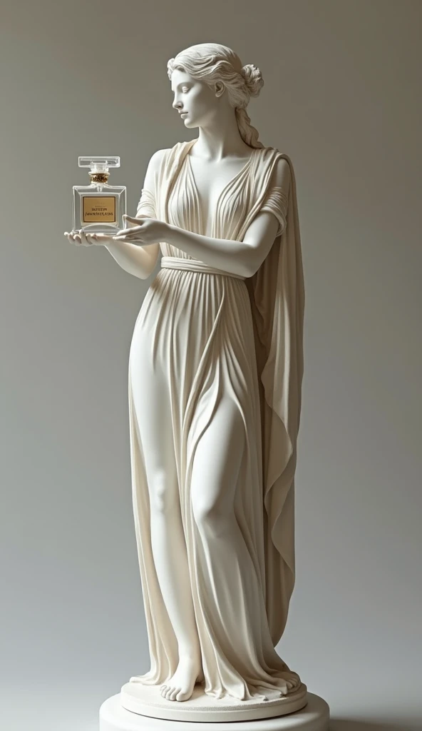 Antique sculpture of a woman in an elegant Greek dress, who holds a square perfume in her hand and directs it at herself