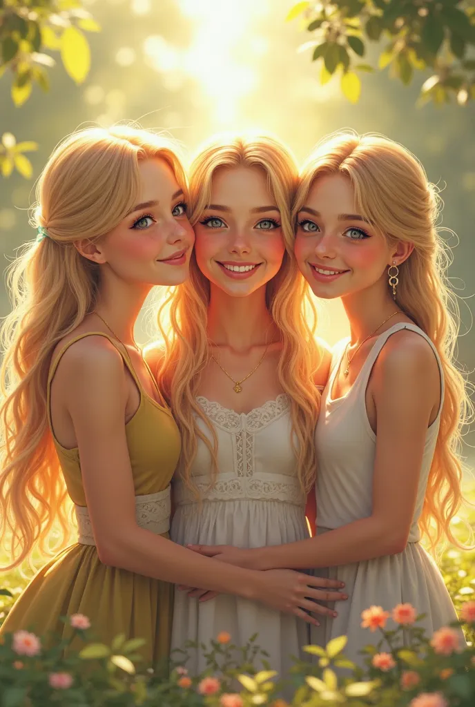 Three very pretty blonde girls of high school age, happy expressions,  light brunettes , very long hair in slippery pigtails