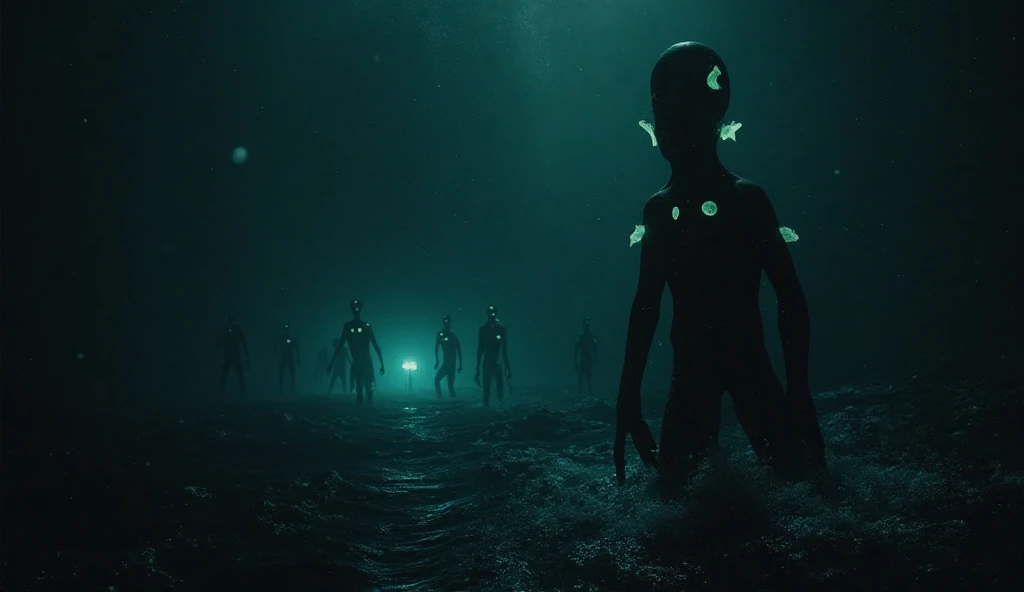 A dark, underwater scene with a faint, otherworldly glow illuminating strange, indistinct shapes in the distance. The water is an inky black, with swirling currents and drifting bioluminescent particles. A menacing silhouette with an elongated form and mul...