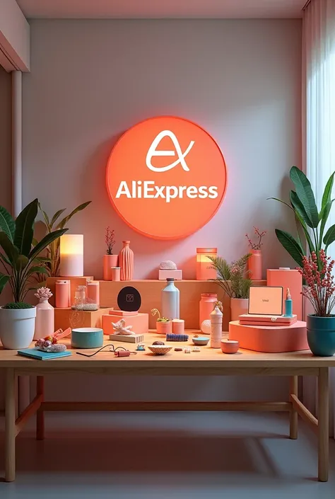 Vreau sa fie o masa cu diferite produse și logoul AliExpress 