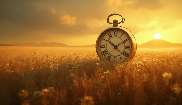 there is a clock that is in the middle of a field, Digital Art by Kurt Roesch,  trending on Pixabay , Digital Art,  time consumes us all ,  time no longer exists , Golden Hour time ,  Time is running out , golden hours, The passage of time, Golden time bac...