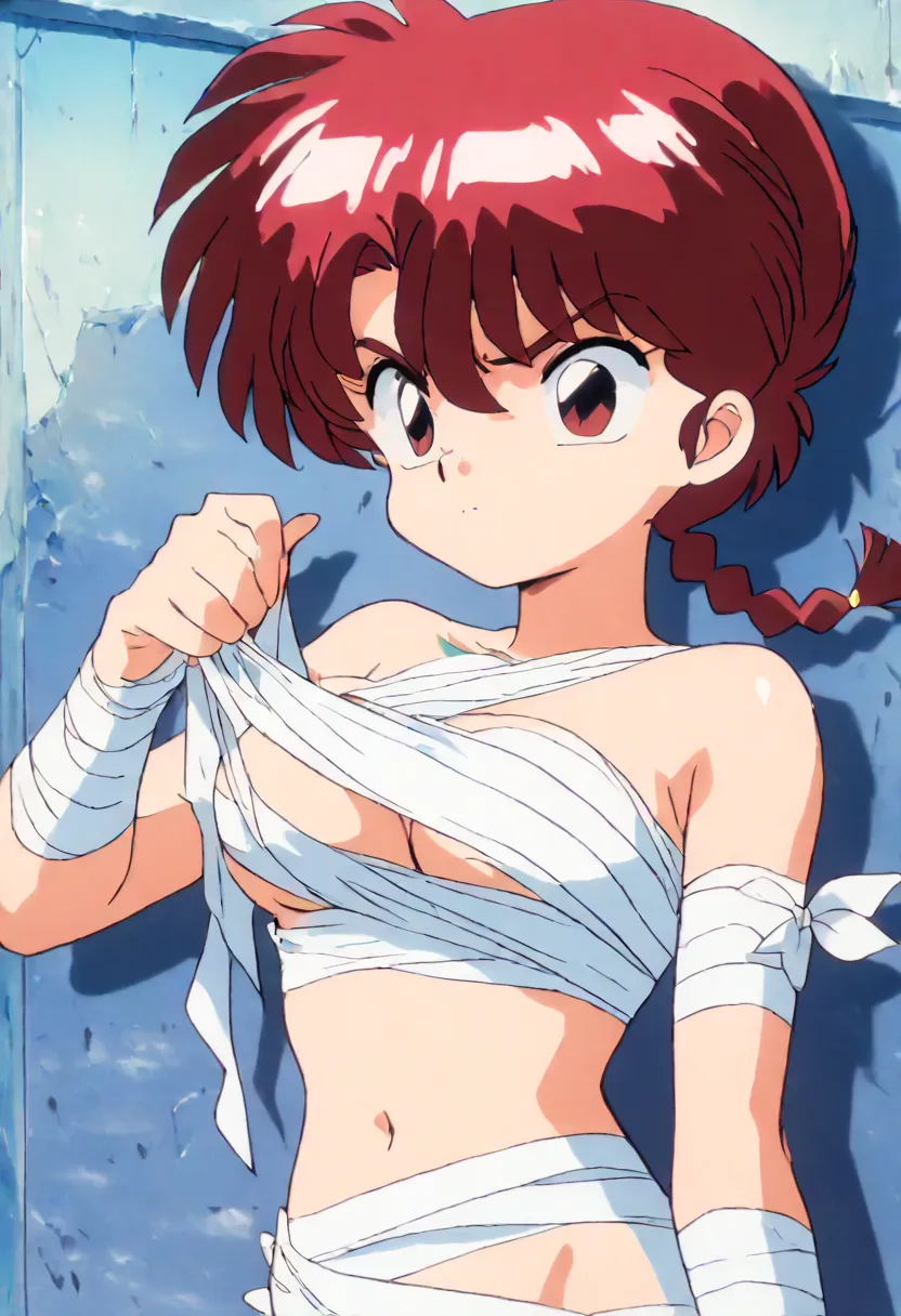 ranma saotome, braid, red hair, single braid, braided ponytail, red eyes,  bare navel,  tight bandages , bandages tightening breasts, 1990s_(Style), Anime_Coloring, ((masterpiece,best quality)),