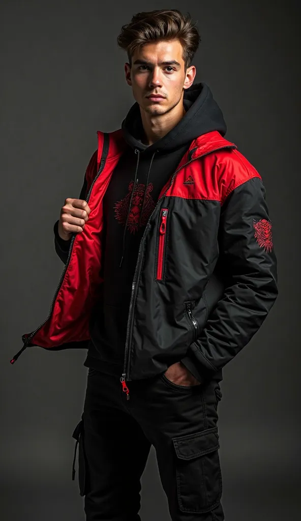 "A young man dressed in modern streetwear with a black and red jacket, Black hoodie, as well as the black cargo pants, stand in a cool style. He opens his jacket with one hand, exposes the inner lining which is red. Light from behind creates a shadow of a ...