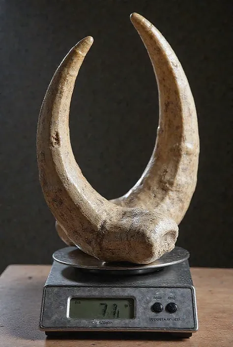 "A close-up of two massive rhinoceros tusks placed on a weighing scale, showing the weight of 3 to 5 kilograms. The image should be detailed, showing the texture and size of the tusks with the scale reading the weight."