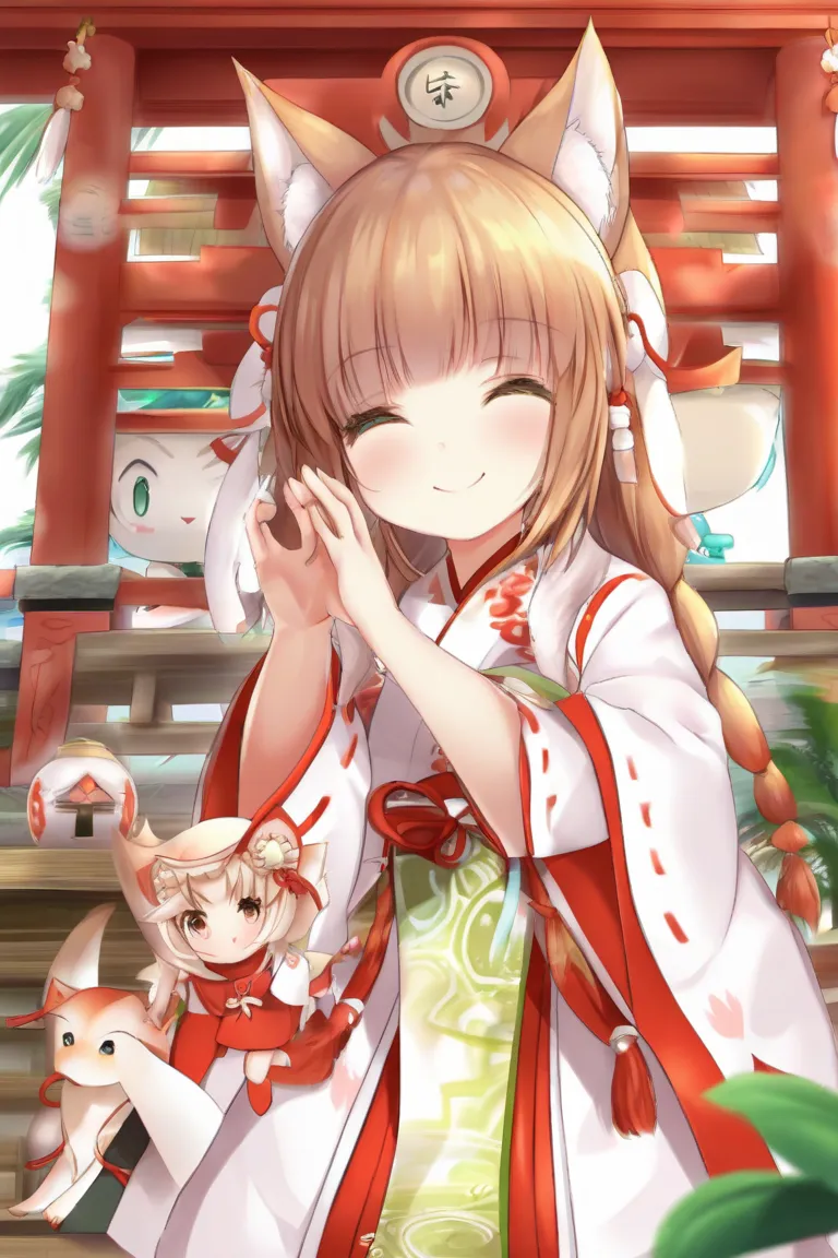 Hand Kitsune Shrine Maiden、 Brown 、 palm size 、 Little Kitsune Shrine Maiden、smile、Mini Girl、  attractive