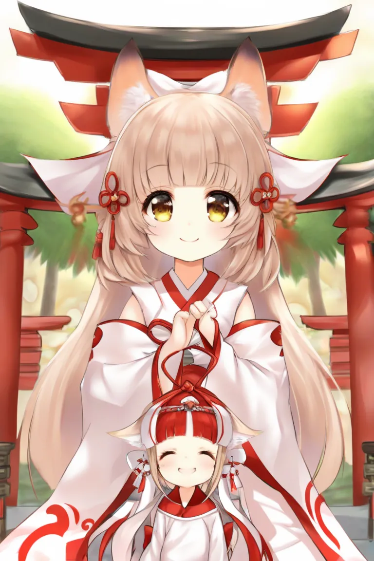 Hand Kitsune Shrine Maiden、 Brown 、 palm size 、 Little Kitsune Shrine Maiden、smile、Mini Girl、  attractive