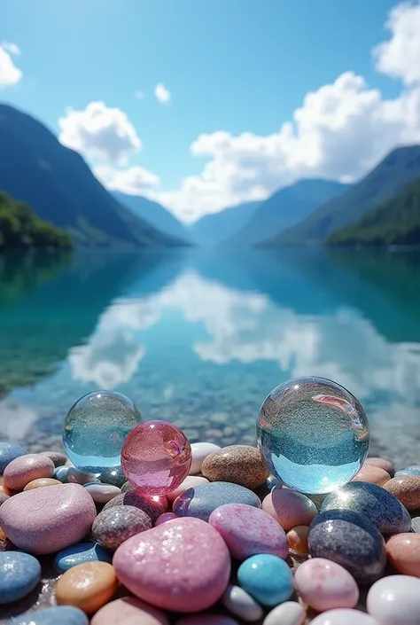 This is a picture of a beautiful landscape that shows a clear lake surrounded by green mountains and covered with a clear blue sky with white clouds. The foreground shows the lake shore covered with smooth and colored stones in pastel colors, giving the sc...