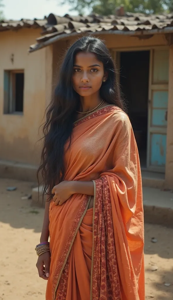 A 20 year old indian girl with black eyes and black hair is standing in front of her house wearing full clothes