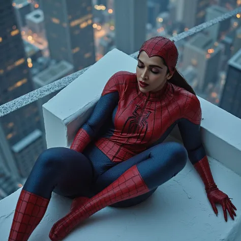 Bad quality. Sexy and beautiful busty Korean women. fair skin. long hair spiderman costume legs sleeping on back on spiderman web white spider. in a tall skyscraper. Hot busty breasts. Big breast 100cm. sweat dripping. sweat dripping. Wet Costume. Tongue o...