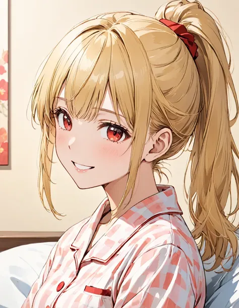 18 year old girl sitting on bed、Alone、 anime style painting、 In pajamas 、 slim figure、blonde ponytail、stupid hair、 beautiful red eyes 、smile、smile、From the side、The soft texture of the pajamas、upper body close-up、Red and yellow base color、 background blur ...