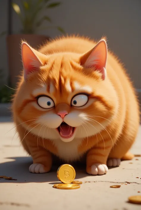 "A chubby orange cat suddenly widening its eyes, staring at a shiny gold coin on the ground. The cat looks surprised and excited, with its ears perked up."