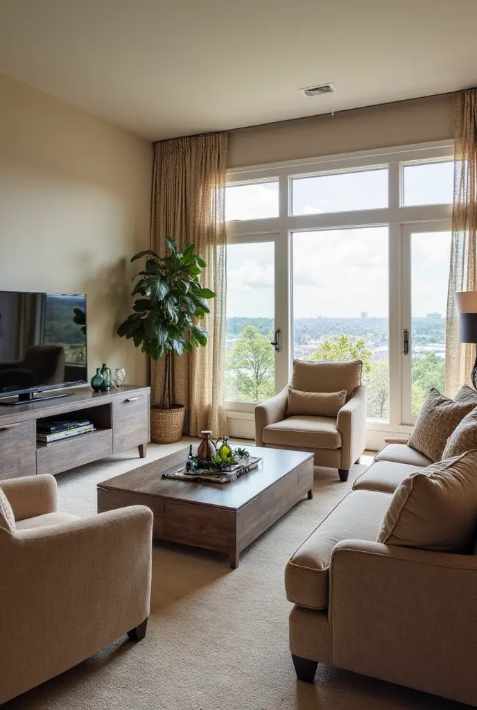 Create a sitting group. Have a TV unit and TV on the wall. Get a two-person sofa right in front of the TV. Let there be another 2-person chair perpendicular to this chair and between it and the TV. Let there be a large window opposite this seat. Let it be ...