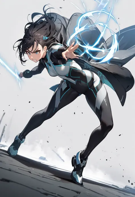  1 girl, white and black full body bodysuit, big jacket, standing, Complicated clothes,, A familiar face, black short hair、Light blue hairpin、 Fighting Poses 