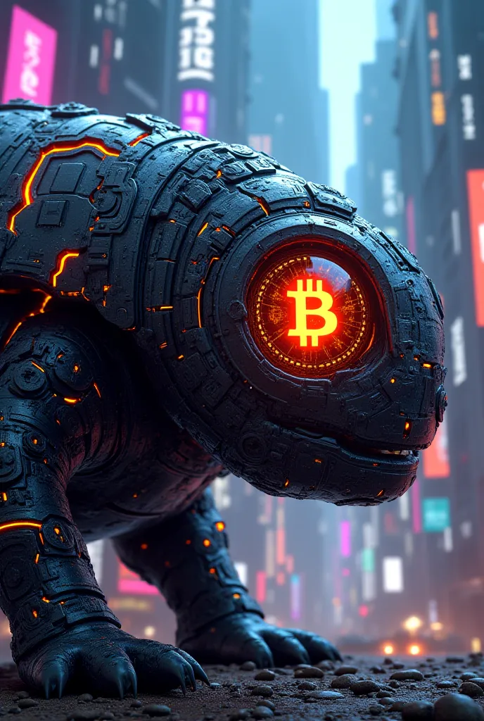 Cyber punk glyptodon and the bitcoin logo in the eye