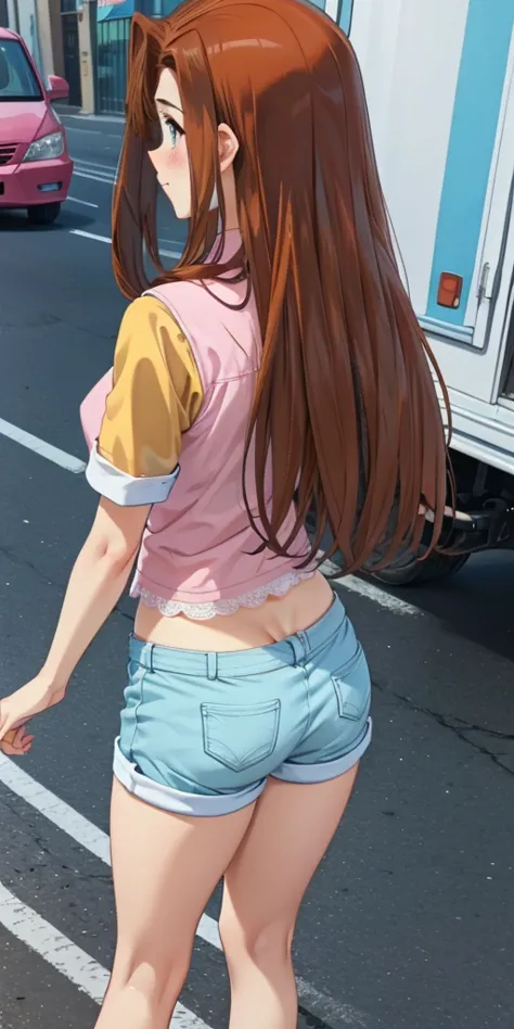       1 female,  high definition,  high resolution ,            ultra-realistic            ,8K, serenidaddm      ,    long hair,    brown hair,             pink shirt      ,   blue shorts,       gray eyes, city,       blue sneakers      ,  big s,European,s...