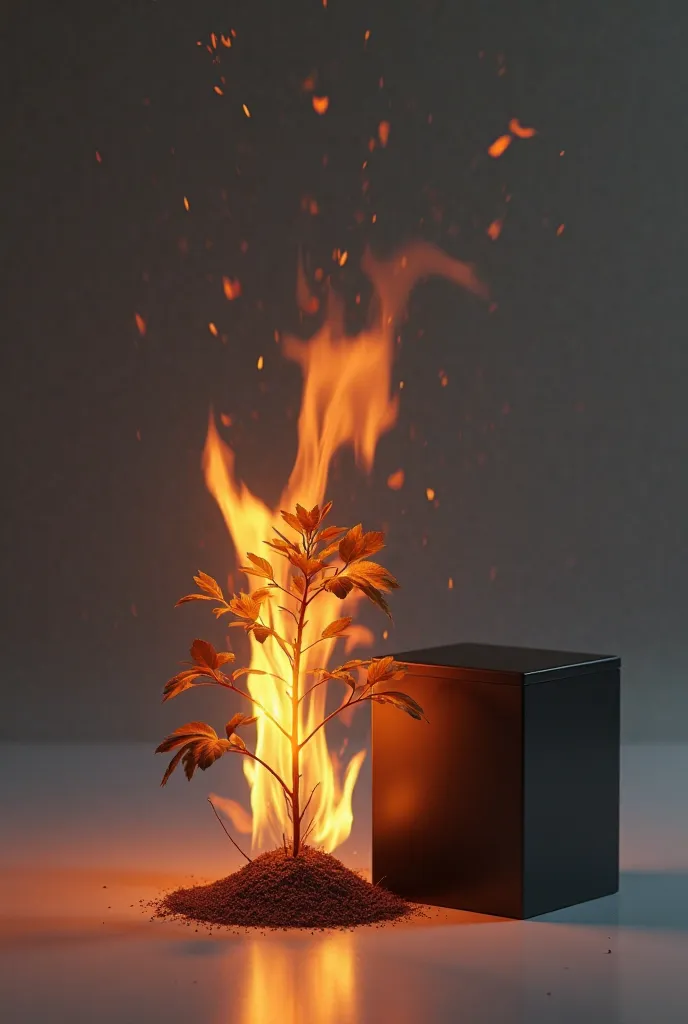 Give me a picture of a small plant burning next to it a small rectangular black box