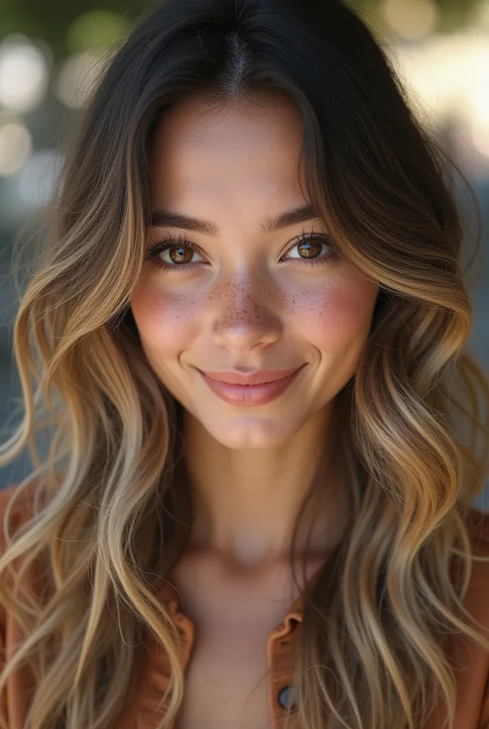 "Highly detailed image of a young 25-year-old girl in a photorealistic style. The girl has symmetrical and soft facial features, expressive almond-shaped eyes of a deep brown color with long fluffy eyelashes.  and barely noticeable freckles on her nose. Th...