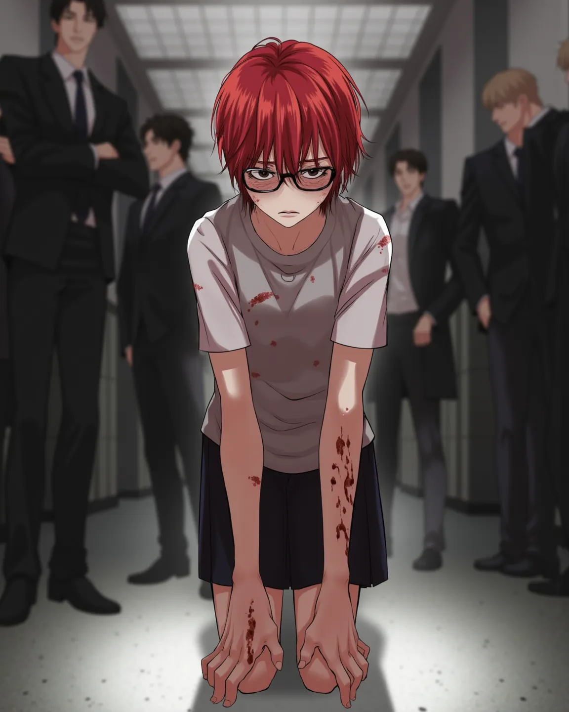 1Good looking man, short red hair, brown eyes, wearing glasses, slim figure, small figure, wearing school uniform, sad face, school background, high definition, depth of field, best quality, Kneeling, standing for a bully, with a lot of wounds, weak postur...