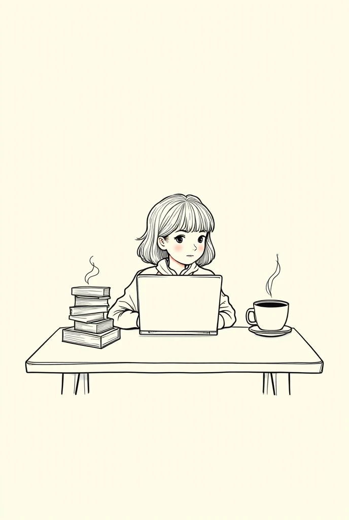 A black and cream line art of a cute girl on the table with books, laptop and coffee mug, close up