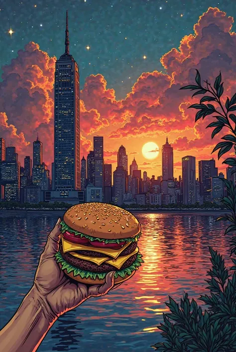 Manhattan, lake, building, sunset, stars, clouds, night, 1968 AD , Show me a hand holding Mac burger، comics book style 