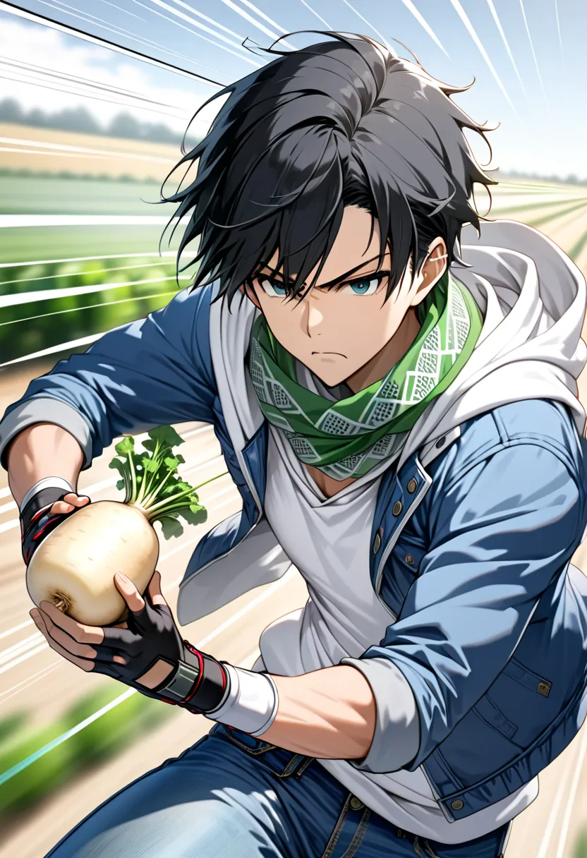 Black-haired young man "Asuka" running through field holding "daikon" radish in his hand ((wearing white hoodie and blue jacket jeans , fingerless driver gloves, green scarf with white pattern), serious expression, solo, background: field ((motion blur: 1....