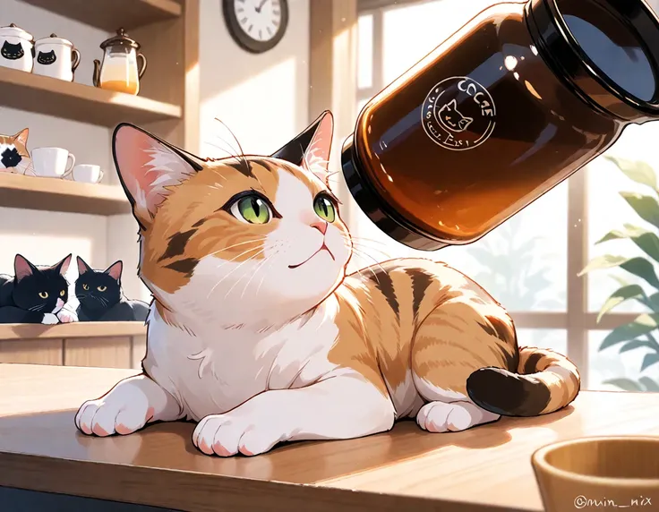 (masterpiece), (best quality), (ultra-detailed), cat cafe, cat focus,drinking cat, no human
