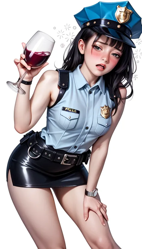  Beautiful Japanese Women,( 1girl :1.5),(slender body:1.2),( small tits:1.0),(white collared sleeveless police shirt:1.2),(white super mini police skirt:1.2),(black leather equipped police belt:1.5),real skin ,small breasts, black hair,Ultra-detailed round...