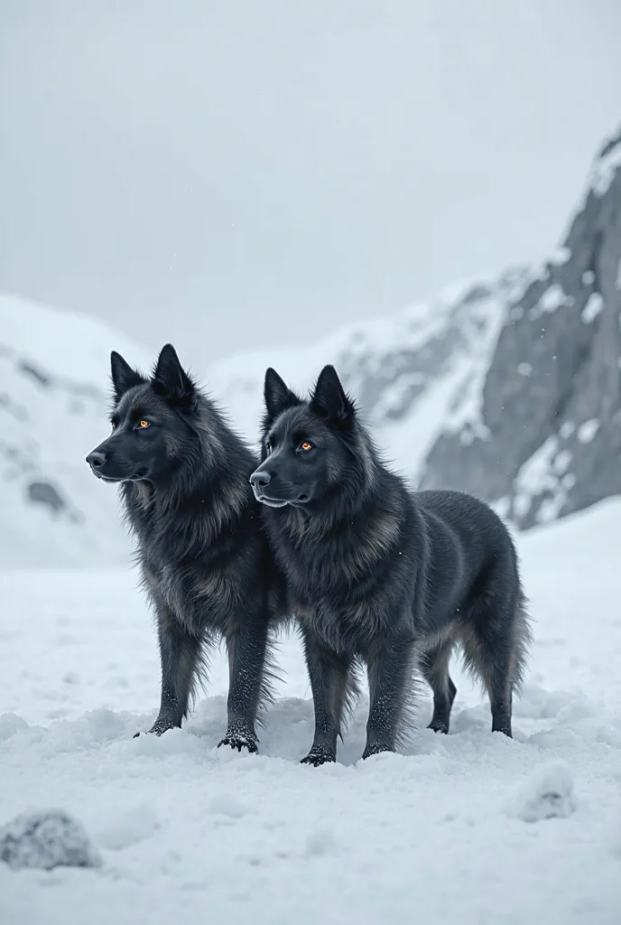 realistic pictures、it's snowing and waiting for its owner in Antarctica、２Sakhalin dog Taro and Jiro、hair is slightly bushy、Black