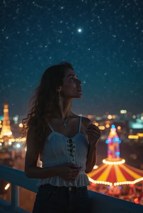 
A woman standing on a rooftop at night, looking down at the carnival below. Her expression is contemplative as she clutches a small cross necklace. Above her, the sky is filled with stars, offering a sense of divine guidance. Cinematic composition, ultra-...