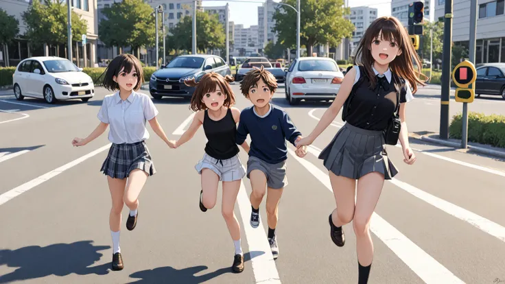 A boy gets hit by a car、scene of the accident、Only one boy and a girl are shown、pedestrian crossing with good timing、A brown puppy is jumping out of a pedestrian crossing、only 2 boys and 2 girls are on target、The boy and girl are both high school students ...