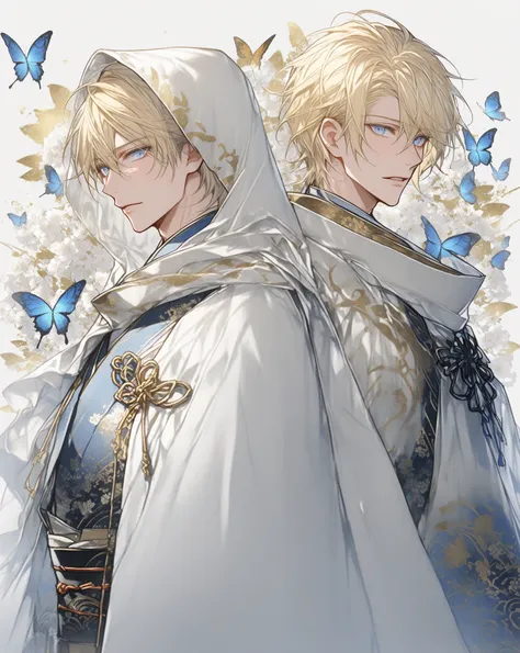 traditional Japanese pattern,white,blue,black,gold, 1 men, yamanbakiri kunihiro (Touken Ranbu), ikemen,blonde hair, blue eyes, head Covered with white cloth hood, white cloth cape ,blue eyes,(((Background design))),flowers,flowers,clouds,butterfly,(((blue,...