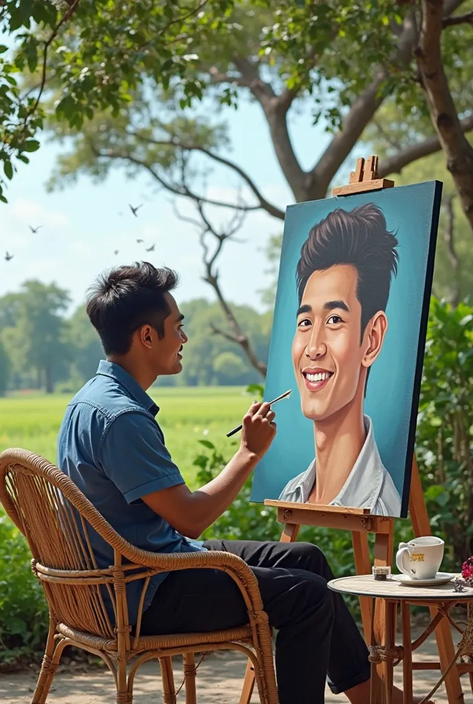 A 30-year-old Indonesian man sits casually on a rattan chair in a beautiful garden, wearing a blue shirt and black pants. He smiles warmly as he paints a portrait of himself on a large canvas mounted on a wooden easel. The painting is a realistic version o...