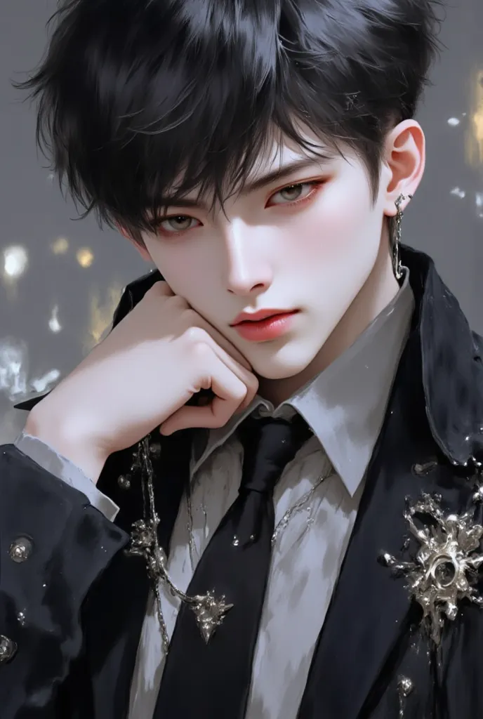 (masterpiece), (best quality), 1man, solo, male, middle part hair, black hair, dreamy amber eyes, chiseled jawline, muscular, modern student, modern uniform, arrogant, confident, playful, unbothered, mighty, classroom background, forehead, majestic, aesthe...