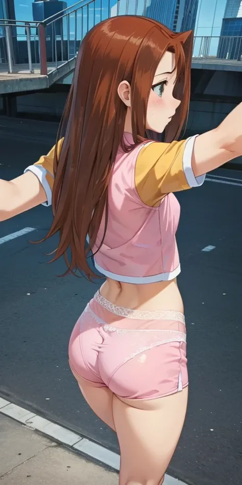       1 female,  high definition,  high resolution ,            ultra-realistic            ,8K, serenidaddm      ,    long hair,    brown hair,             pink shirt      ,   blue shorts,       gray eyes, city,       blue sneakers      ,  big s,European,s...