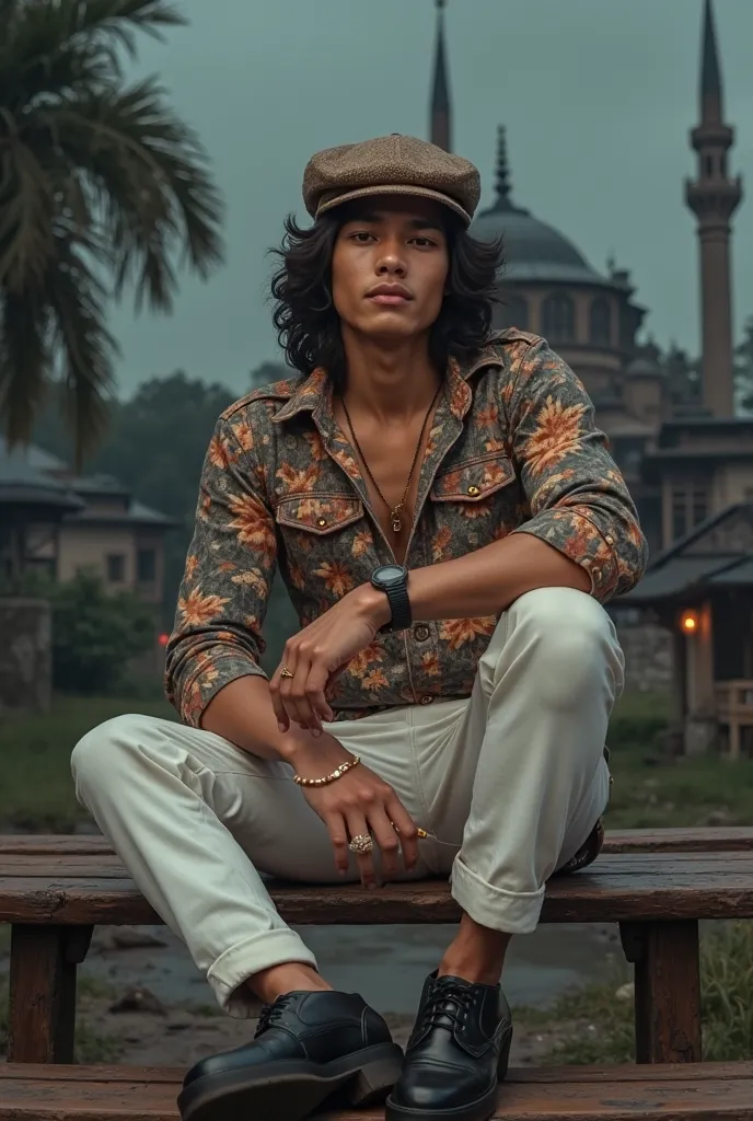 
Ali Imron

Remix
Petunjuk
Menyalin
 photo realism ,  photo realism ,  A handsome Indonesian youth , with rather long curls, wears a newsboy hat, wearing a vintage floral print long sleeve shirt that fits snugly on the body, white pants a la Elvis, black l...