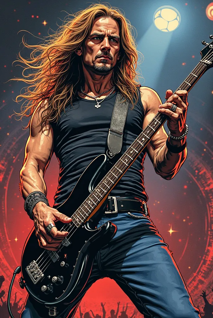 Cliff Burton in comic book style with a black bass